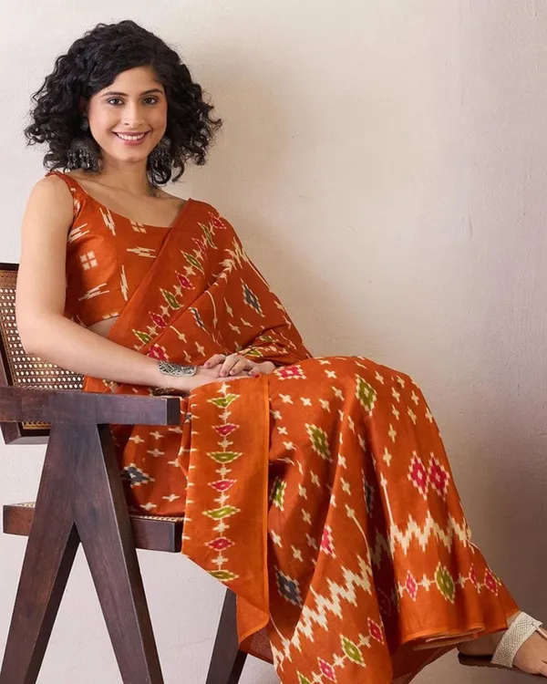 Saffron_Color_Mulmul_Cotton_1_-_Minute_Ready_to_Wear_Saree_with_Pocket_and_Blouse_Piece