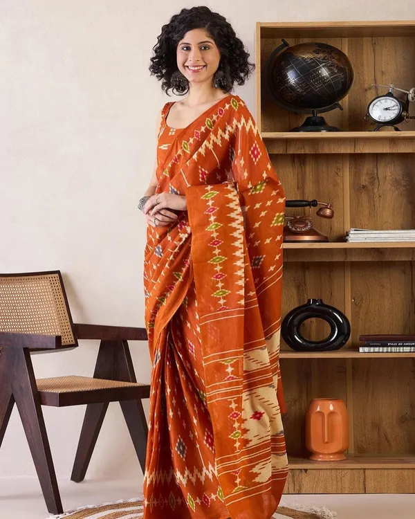 Saffron_Color_Mulmul_Cotton_1_-_Minute_Ready_to_Wear_Saree_with_Pocket_and_Blouse_Piece