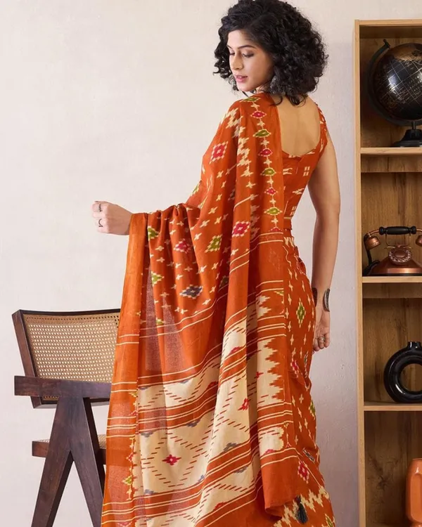 Saffron_Color_Mulmul_Cotton_1_-_Minute_Ready_to_Wear_Saree_with_Pocket_and_Blouse_Piece