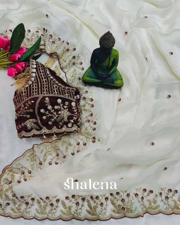 Delectable_Beige_Fendy_Silk_Sequence_Embroidery_Work_Saree_With_Stitched_Blouse