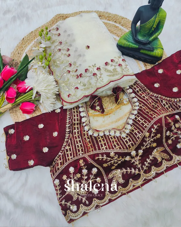 Delectable_Beige_Fendy_Silk_Sequence_Embroidery_Work_Saree_With_Stitched_Blouse