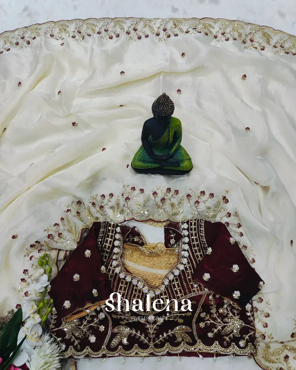 Delectable_Beige_Fendy_Silk_Sequence_Embroidery_Work_Saree_With_Stitched_Blouse