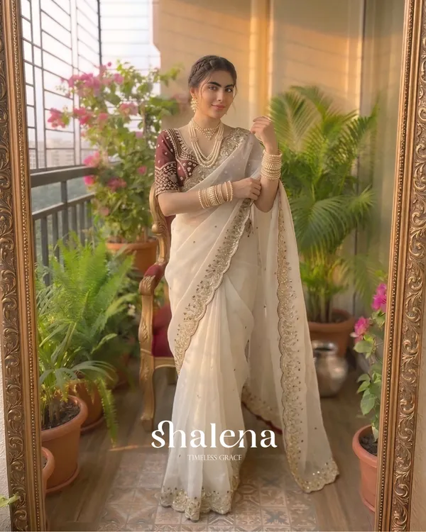 Delectable_Beige_Fendy_Silk_Sequence_Embroidery_Work_Saree_With_Stitched_Blouse