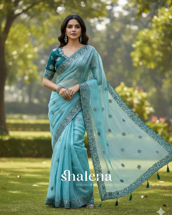 Confounding_Sky_Organza_Silk_Saree_With_Lissome_Full_Stitched_Blouse