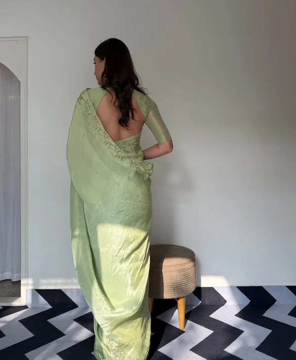 Parrot_Green_Color_Soft_Malai_Sattin_Silk_1_-_Minute_Ready_to_Wear_Saree_with_Fully_Stitch_Blouse_(Free_Size)_Up_to_44