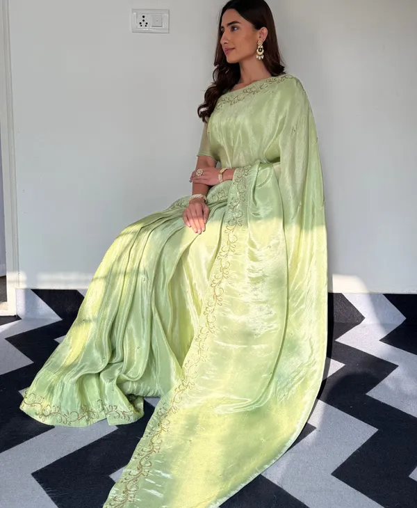Parrot_Green_Color_Soft_Malai_Sattin_Silk_1_-_Minute_Ready_to_Wear_Saree_with_Fully_Stitch_Blouse_(Free_Size)_Up_to_44