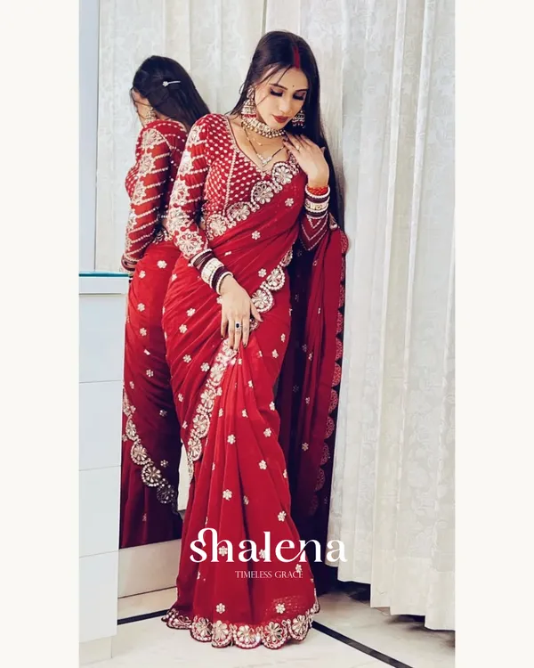 Groovy_Maroon_Embroidery_Work_Soft_Georgette_Silk_Saree_With_Mesmeric_Full_Stitched_Blouse