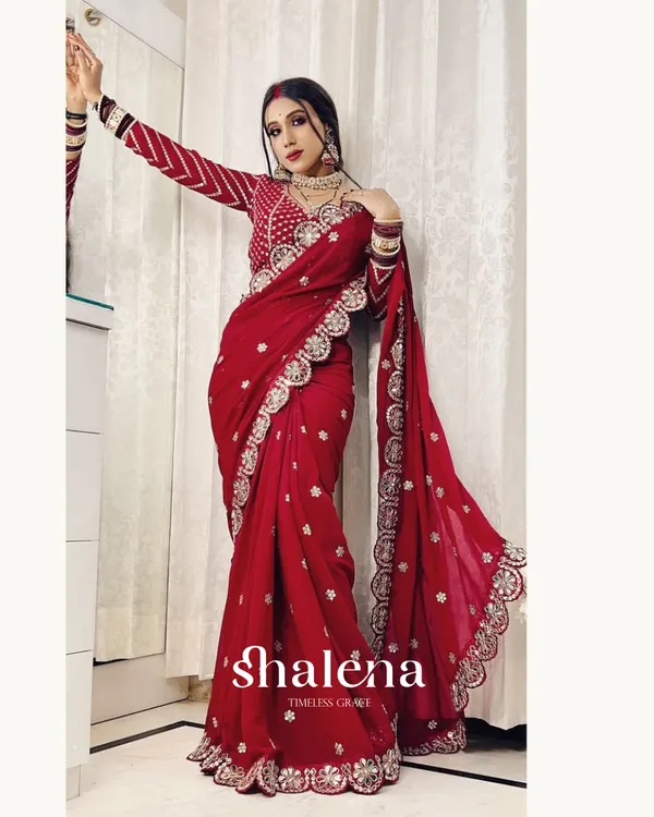 Groovy_Maroon_Embroidery_Work_Soft_Georgette_Silk_Saree_With_Mesmeric_Full_Stitched_Blouse