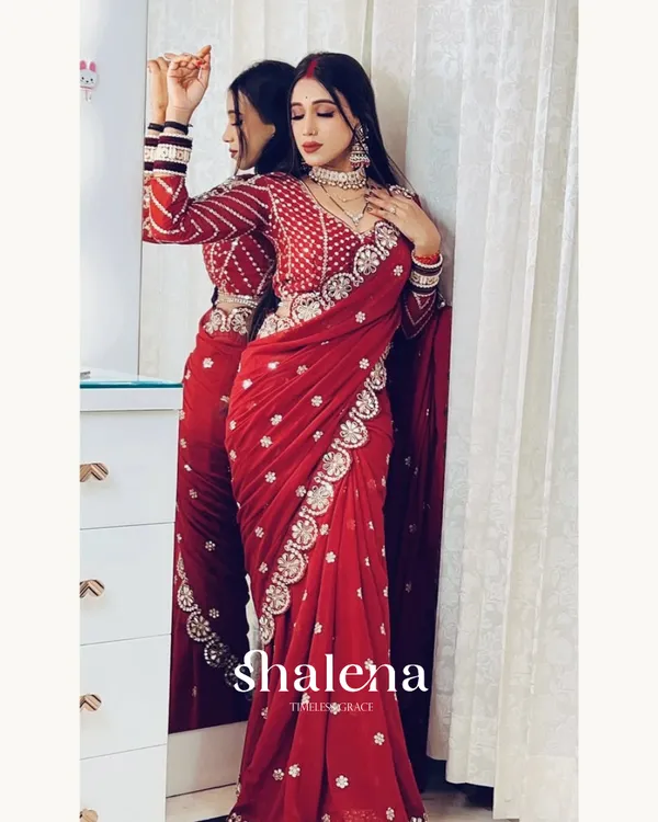 Groovy_Maroon_Embroidery_Work_Soft_Georgette_Silk_Saree_With_Mesmeric_Full_Stitched_Blouse
