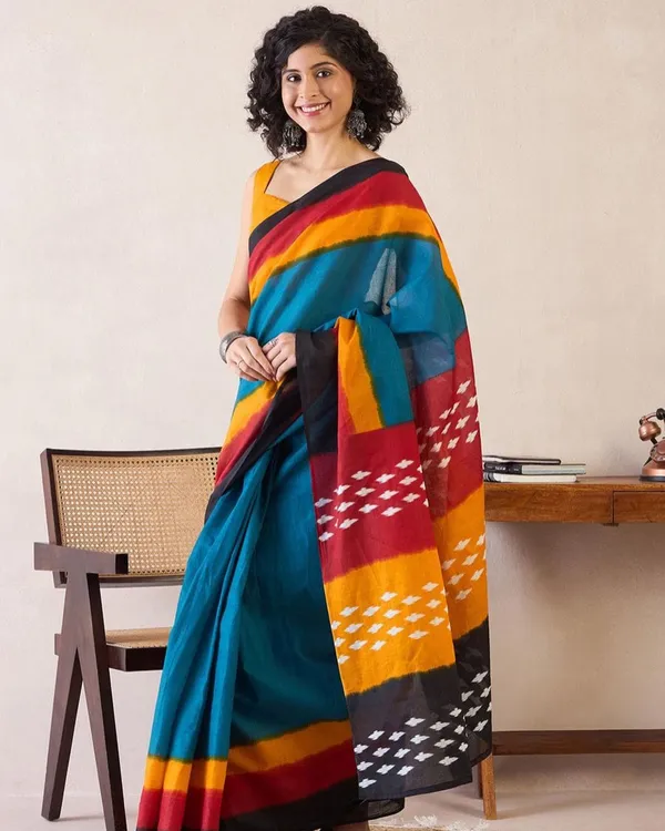 Blue_Color_Mulmul_Cotton_1_-_Minute_Ready_to_Wear_Saree_with_Pocket_and_Blouse_Piece