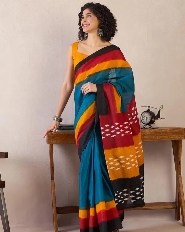 Blue_Color_Mulmul_Cotton_1_-_Minute_Ready_to_Wear_Saree_with_Pocket_and_Blouse_Piece