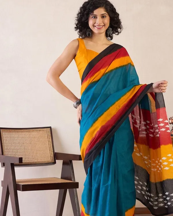 Blue_Color_Mulmul_Cotton_1_-_Minute_Ready_to_Wear_Saree_with_Pocket_and_Blouse_Piece