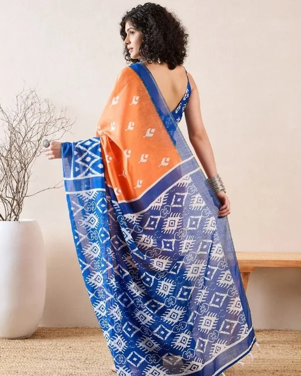 Orange_And_Blue_Color_Mulmul_Cotton_1_-_Minute_Ready_to_Wear_Saree_with_Pocket_and_Blouse_Piece
