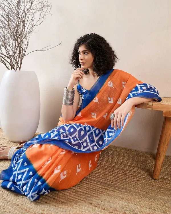 Orange_And_Blue_Color_Mulmul_Cotton_1_-_Minute_Ready_to_Wear_Saree_with_Pocket_and_Blouse_Piece