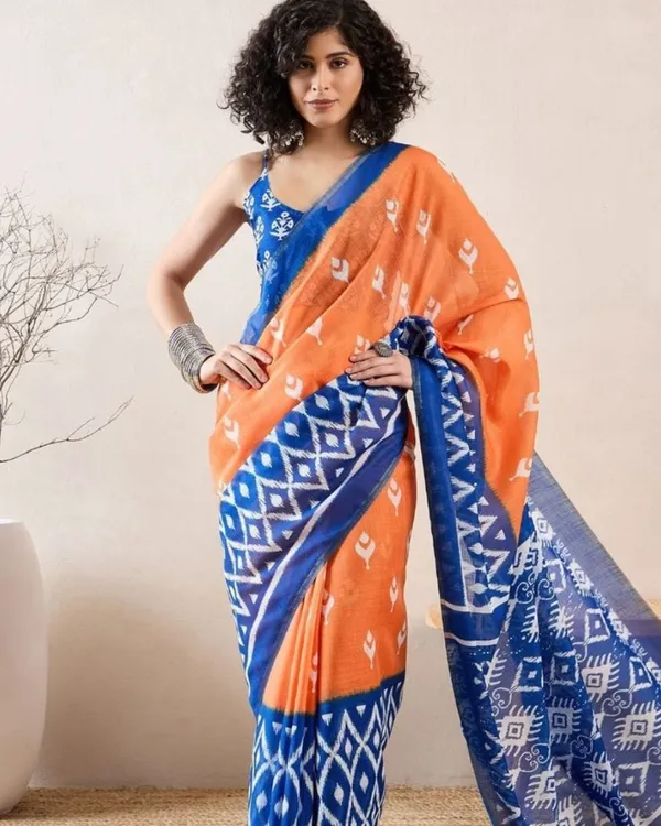 Orange_And_Blue_Color_Mulmul_Cotton_1_-_Minute_Ready_to_Wear_Saree_with_Pocket_and_Blouse_Piece