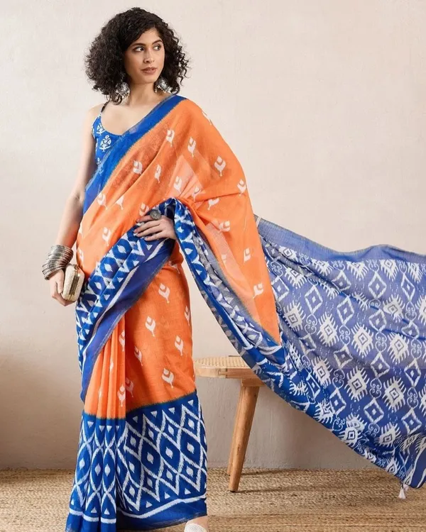 Orange_And_Blue_Color_Mulmul_Cotton_1_-_Minute_Ready_to_Wear_Saree_with_Pocket_and_Blouse_Piece