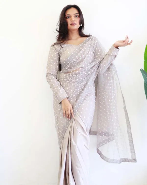 White_Color_1_-_Minute_Ready_to_Wear_Butterfly_net_&_Silk_Saree_with_Fully_Stitch_Blouse_(Free_Size)_Up_to_44