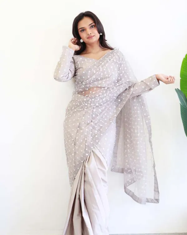 White_Color_1_-_Minute_Ready_to_Wear_Butterfly_net_&_Silk_Saree_with_Fully_Stitch_Blouse_(Free_Size)_Up_to_44