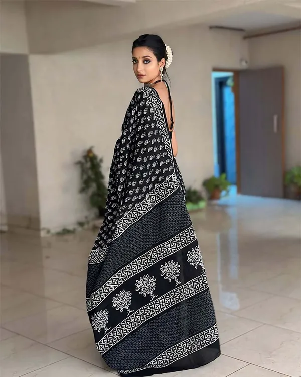 Black_Color_1-Minute_Ready_To_Wear_Cotton_Saree_With_Blouse_Piece