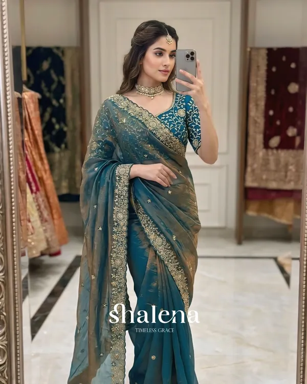 Eclat_Blue_Fendy_Chiffon_Silk_Sequence_Embroidery_Work_Saree_With_Stitched_Blouse