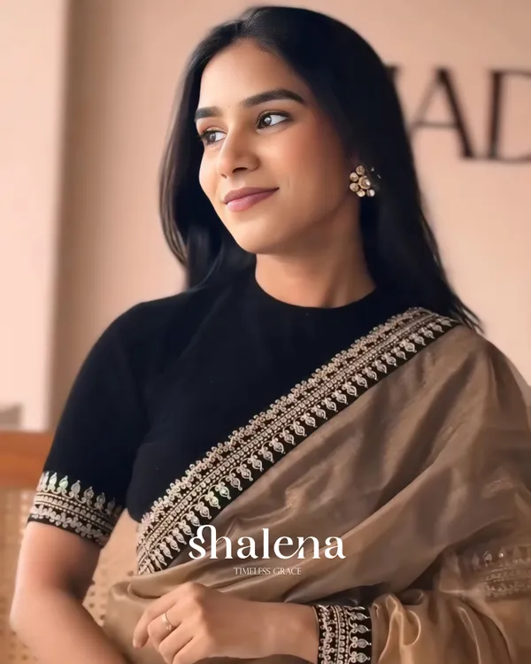 Wonderful_Brown_Twill_Net_Embroidery_Work_Saree_With_Velvet_Blouse_Piece