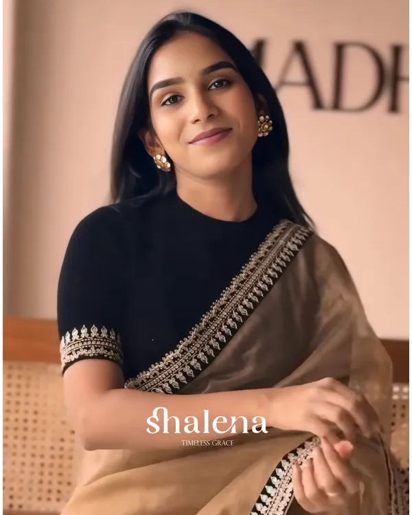 Wonderful_Brown_Twill_Net_Embroidery_Work_Saree_With_Velvet_Blouse_Piece
