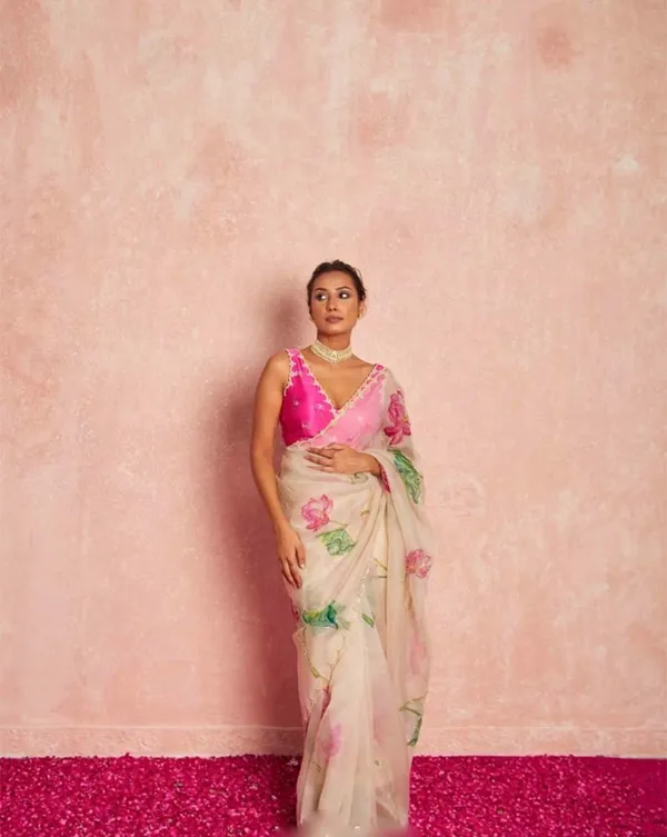 Cream_Color_1-Minute_Ready_To_Wear_Organza_Silk_Saree_with_Moti_Embroidery_Work_&_Stitched_Blouse