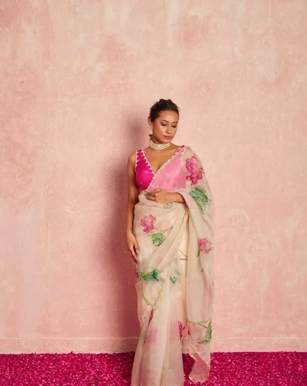 Cream_Color_1-Minute_Ready_To_Wear_Organza_Silk_Saree_with_Moti_Embroidery_Work_&_Stitched_Blouse
