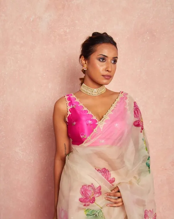 Cream_Color_1-Minute_Ready_To_Wear_Organza_Silk_Saree_with_Moti_Embroidery_Work_&_Stitched_Blouse