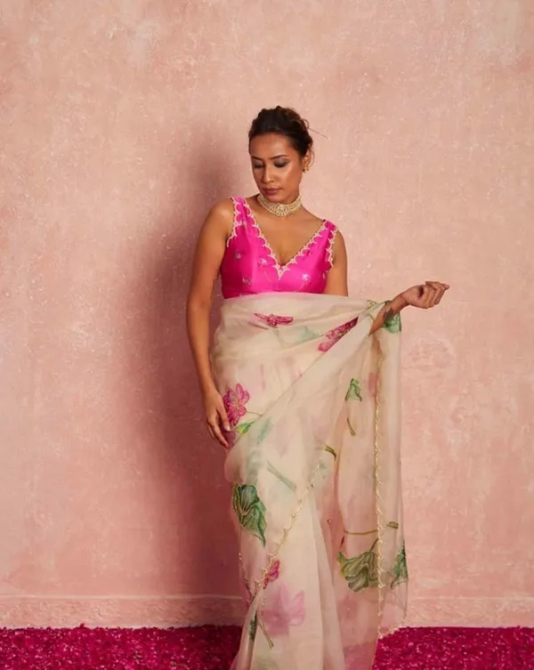 Cream_Color_1-Minute_Ready_To_Wear_Organza_Silk_Saree_with_Moti_Embroidery_Work_&_Stitched_Blouse
