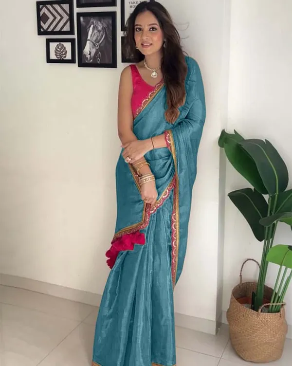 Rama_Color_Soft_Chinnon_Silk_Saree_with_Lace_Border_&_Blouse_Piece