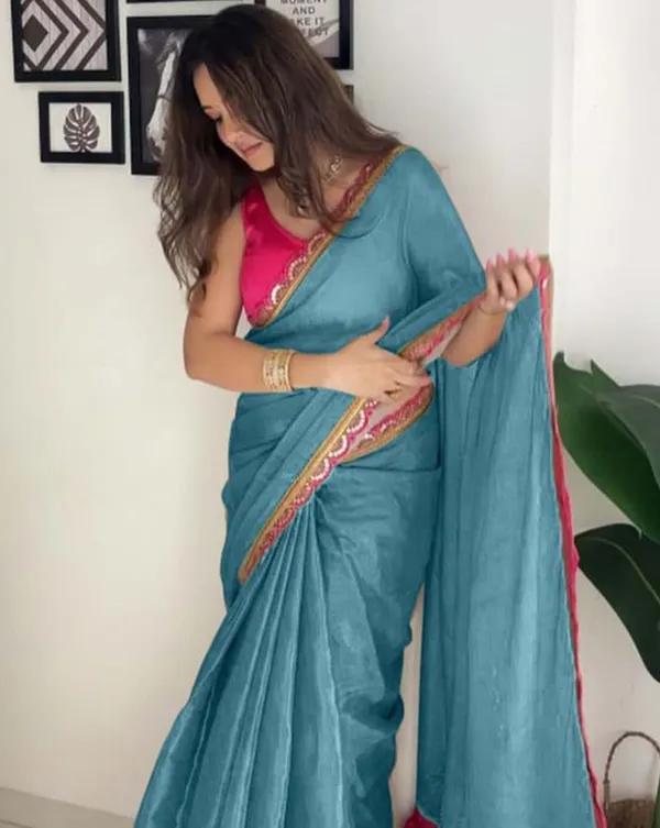 Rama_Color_Soft_Chinnon_Silk_Saree_with_Lace_Border_&_Blouse_Piece