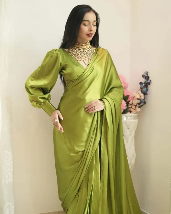 Green_Color_1-Minute_Ready_To_Wear_Satin_Saree_With_Blouse_Piece