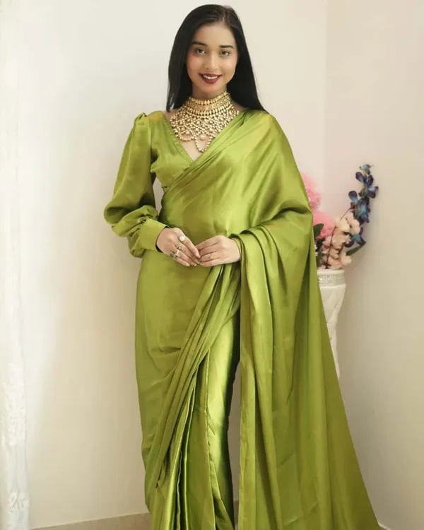 Green_Color_1-Minute_Ready_To_Wear_Satin_Saree_With_Blouse_Piece