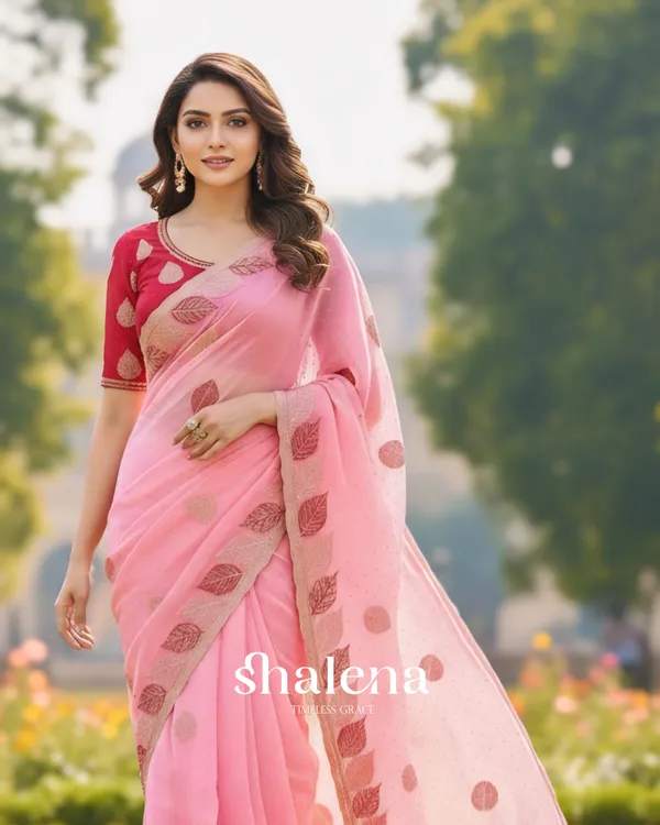 Flameboyant_Pink_Fancy_Silk_Embroidery_Work_Saree_With_Stitched_Blouse