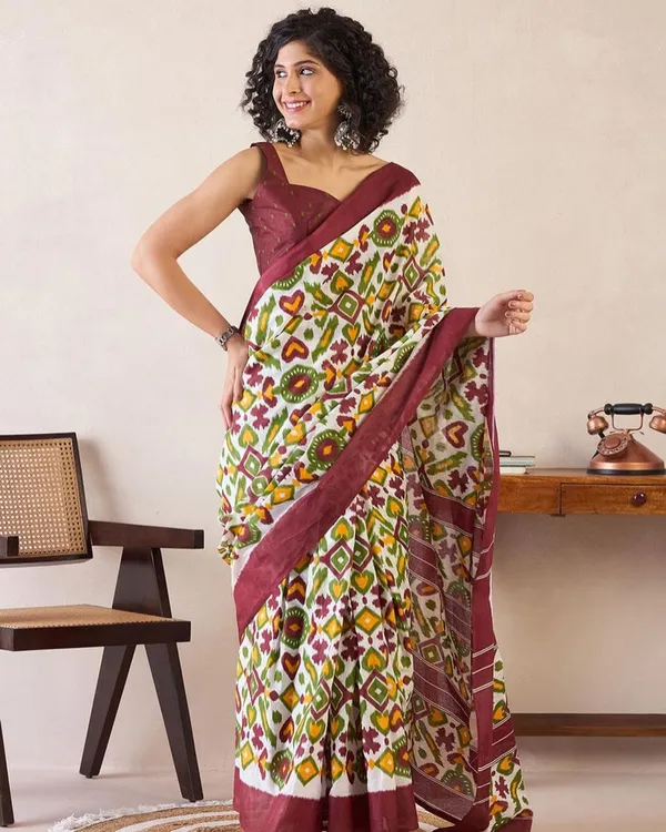 White_And_Green_Color_Mulmul_Cotton_1_-_Minute_Ready_to_Wear_Saree_with_Pocket_and_Blouse_Piece