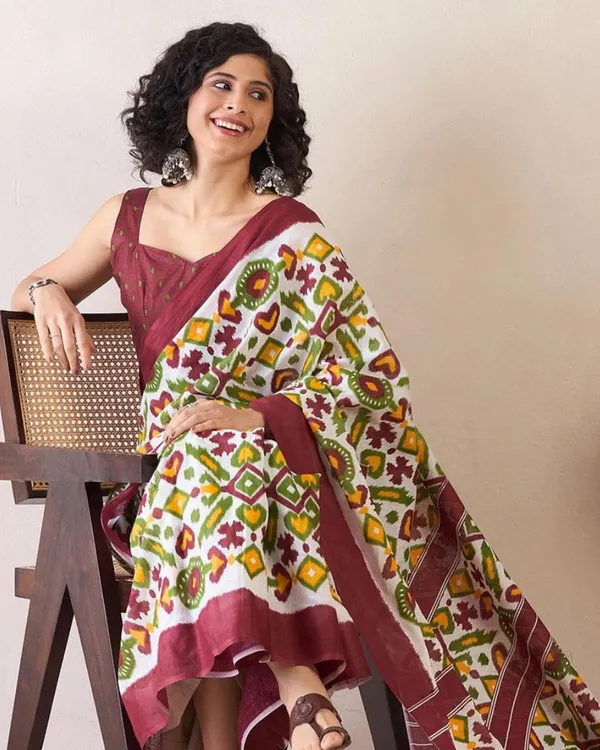 White_And_Green_Color_Mulmul_Cotton_1_-_Minute_Ready_to_Wear_Saree_with_Pocket_and_Blouse_Piece