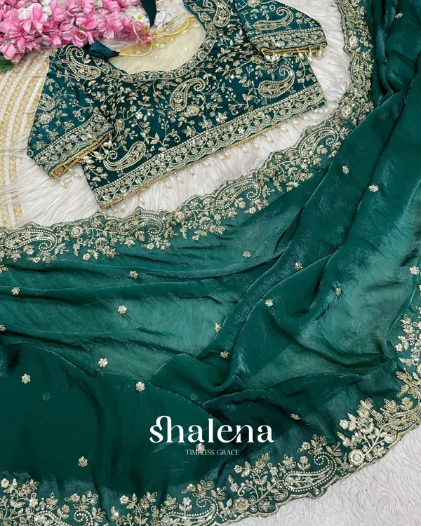 Exquisite_Dark_Green_Embroidery_Work_Fancy_Silk_Saree_With_Rhapsodic_Full_Stitched_Blouse
