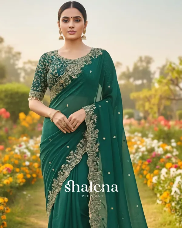 Exquisite_Dark_Green_Embroidery_Work_Fancy_Silk_Saree_With_Rhapsodic_Full_Stitched_Blouse