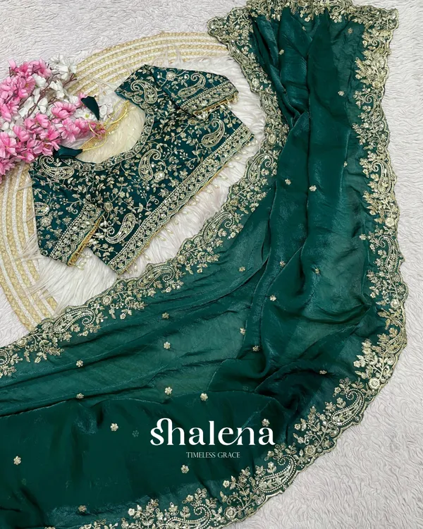 Exquisite_Dark_Green_Embroidery_Work_Fancy_Silk_Saree_With_Rhapsodic_Full_Stitched_Blouse