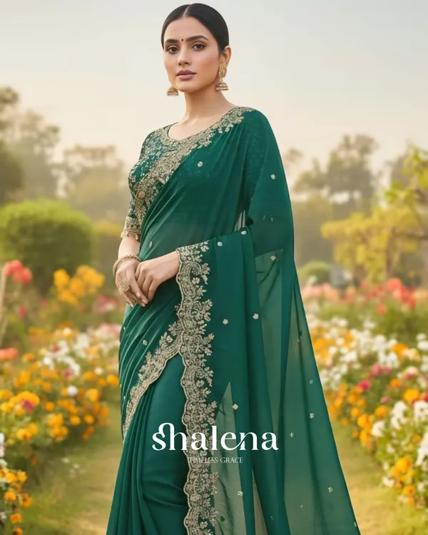 Exquisite_Dark_Green_Embroidery_Work_Fancy_Silk_Saree_With_Rhapsodic_Full_Stitched_Blouse