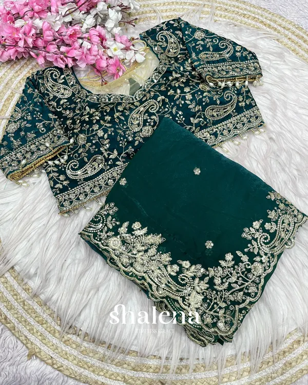 Exquisite_Dark_Green_Embroidery_Work_Fancy_Silk_Saree_With_Rhapsodic_Full_Stitched_Blouse