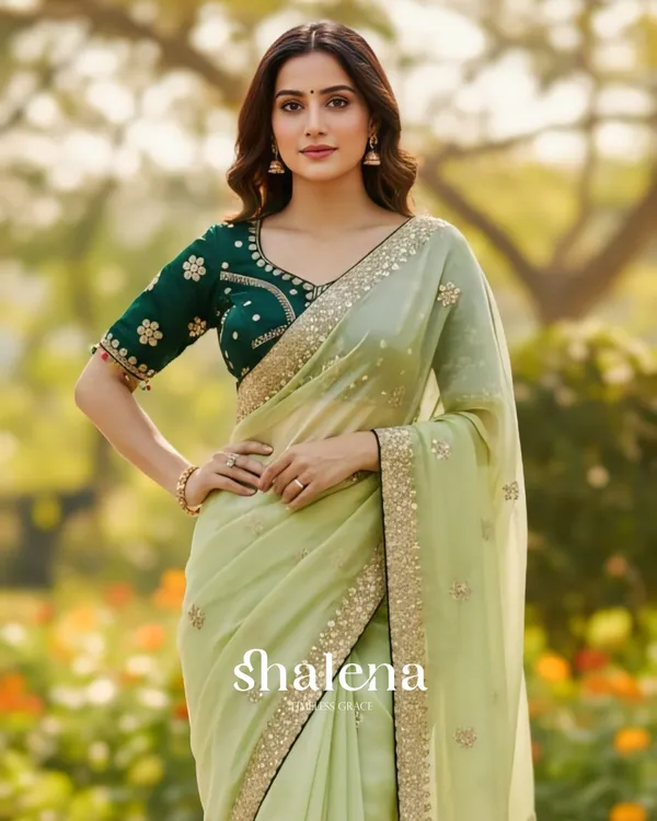 Innovative_Pista_Embroidery_Work_Jimmy_Choo_Silk_Saree_With_Blooming_Full_Stitched_Blouse