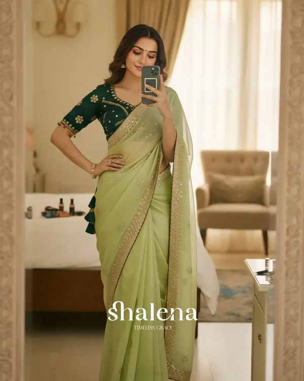 Innovative_Pista_Embroidery_Work_Jimmy_Choo_Silk_Saree_With_Blooming_Full_Stitched_Blouse