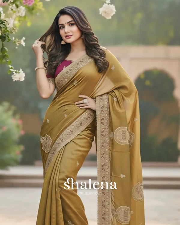 Resonant_Mustard_Embroidery_Work_Chiffon_Silk_Saree_With_Phenomenal_Full_Stitched_Blouse