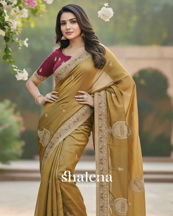 Resonant_Mustard_Embroidery_Work_Chiffon_Silk_Saree_With_Phenomenal_Full_Stitched_Blouse
