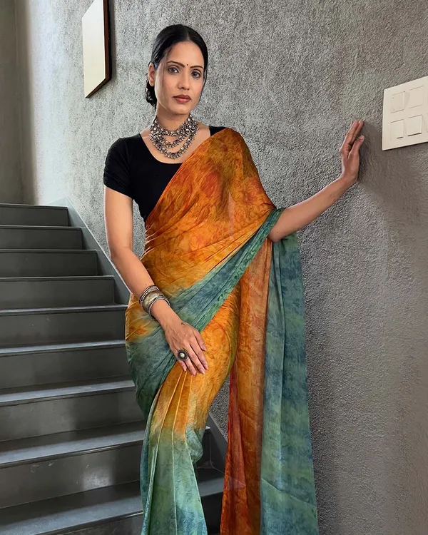 Orange_And_Green_Color_1-Minute_Ready_To_Wear_Naylon_Saree_With_Blouse_Piece