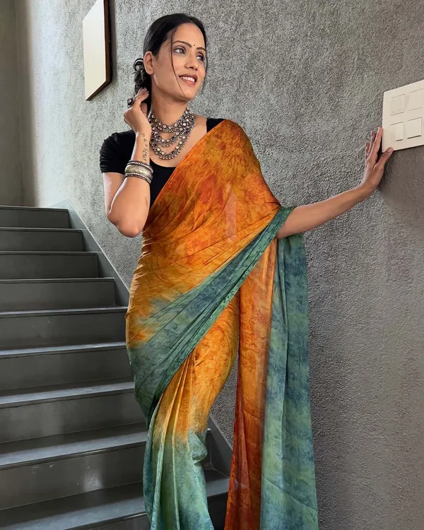 Orange_And_Green_Color_1-Minute_Ready_To_Wear_Naylon_Saree_With_Blouse_Piece
