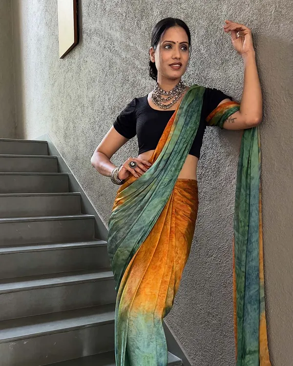 Orange_And_Green_Color_1-Minute_Ready_To_Wear_Naylon_Saree_With_Blouse_Piece