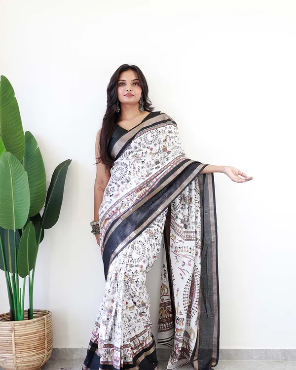 White_Colour_1-Minute_Ready_To_Wear_Soft_Cotton_Silk_Saree_With_Blouse_Piece
